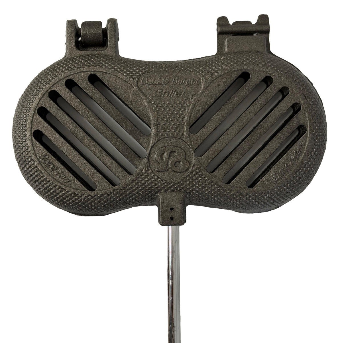 Rome Cast Iron Double Burger Griller cooking head close up white background
