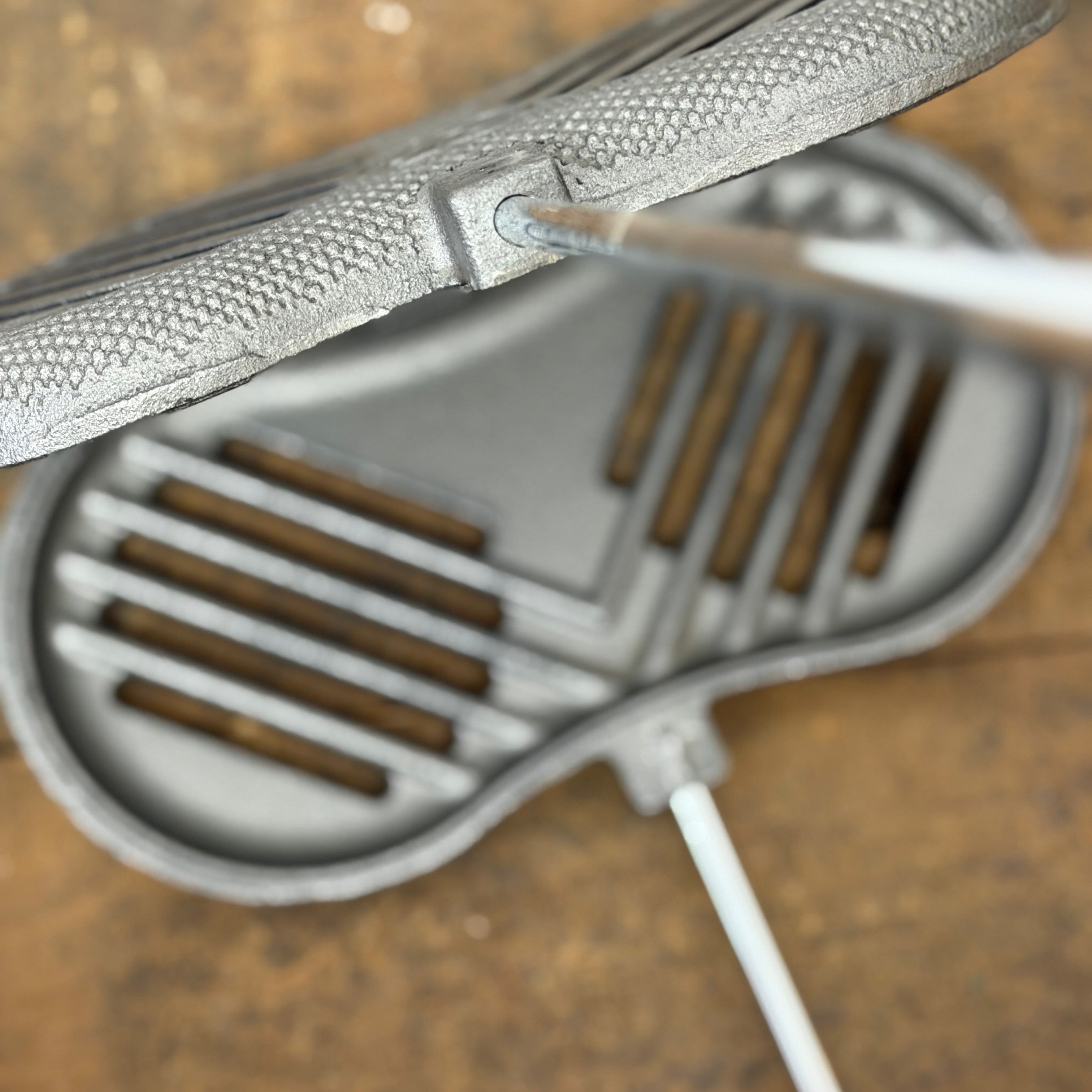Cast Iron Double Burger Griller open view wood background