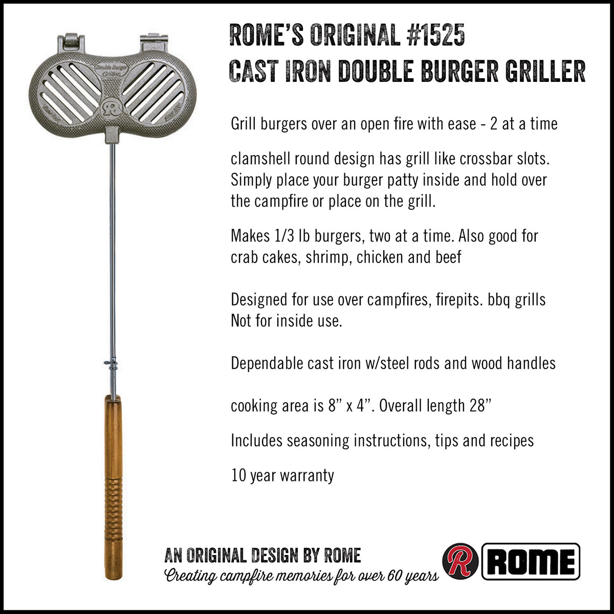 Rome Cast Iron Double Burger Griller full view with informational text
