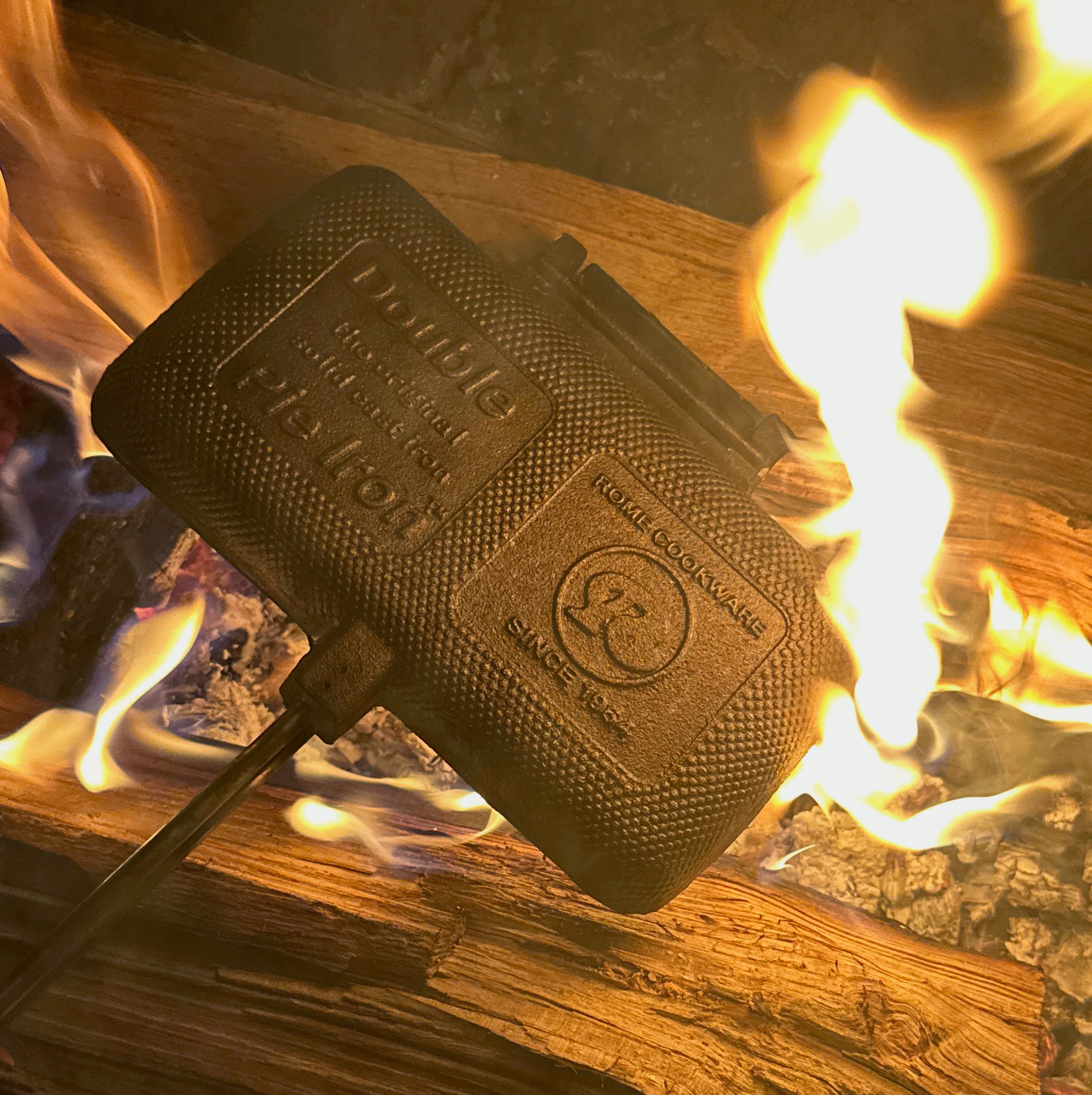 Double Pie Iron close up in campfire