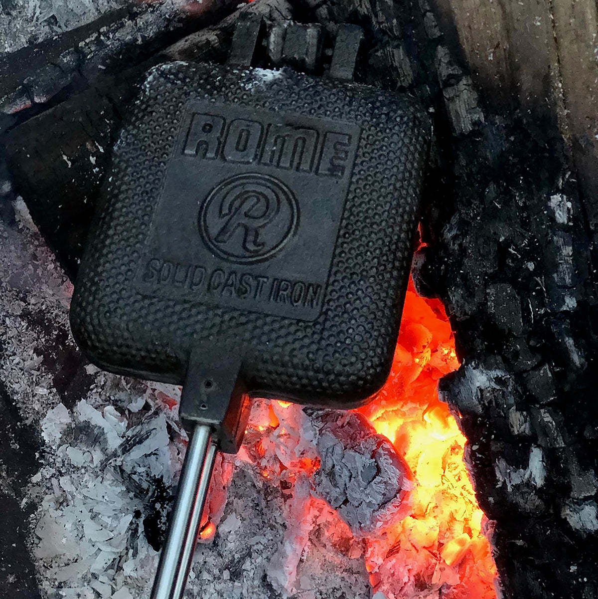 Square Pie Iron close up in campfire