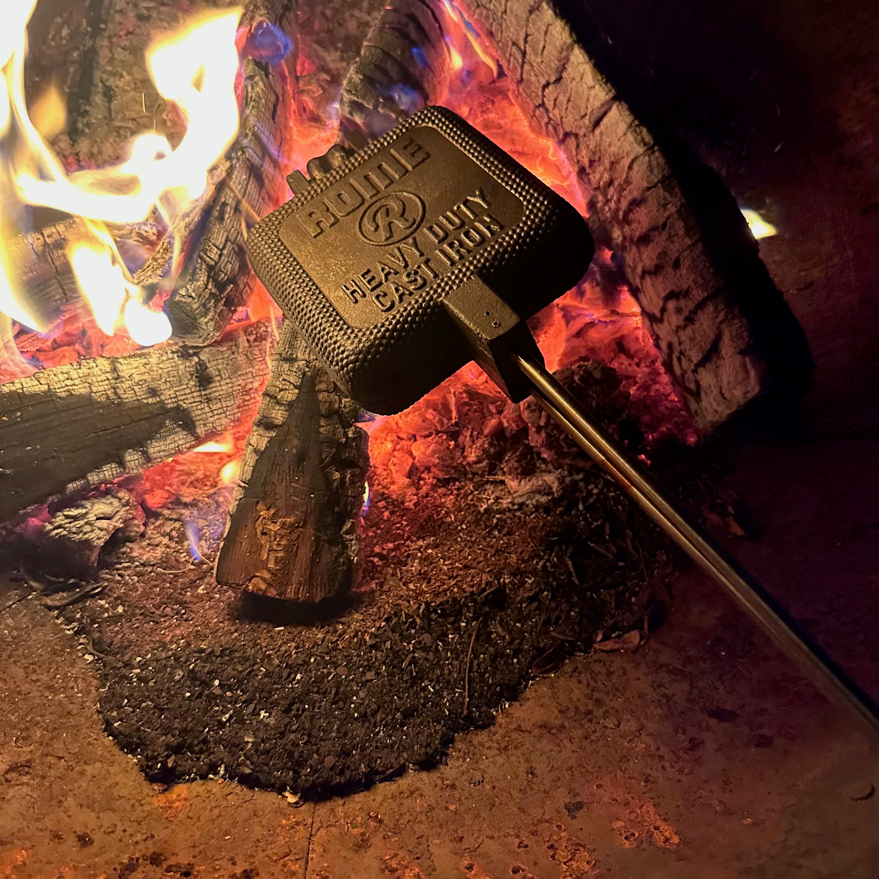 XL Square Pie Iron full view in campfire