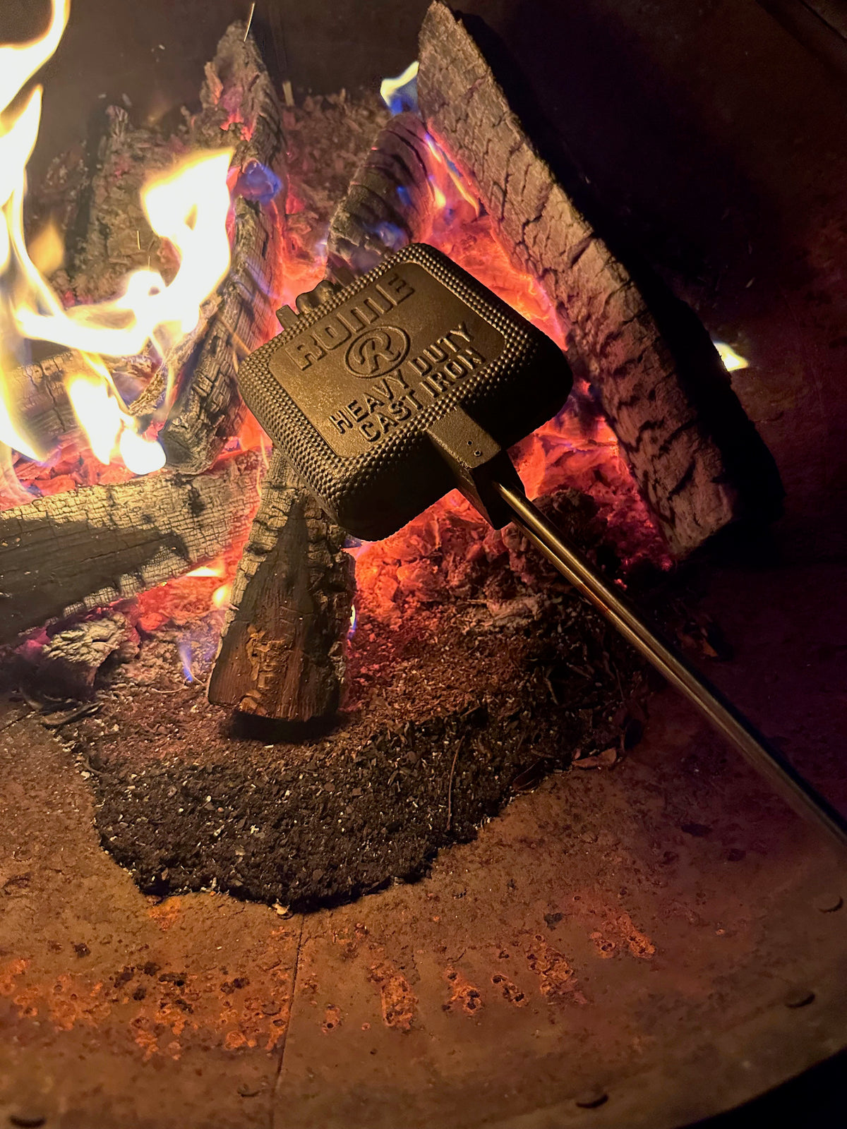 XL Square Pie Iron full view in campfire