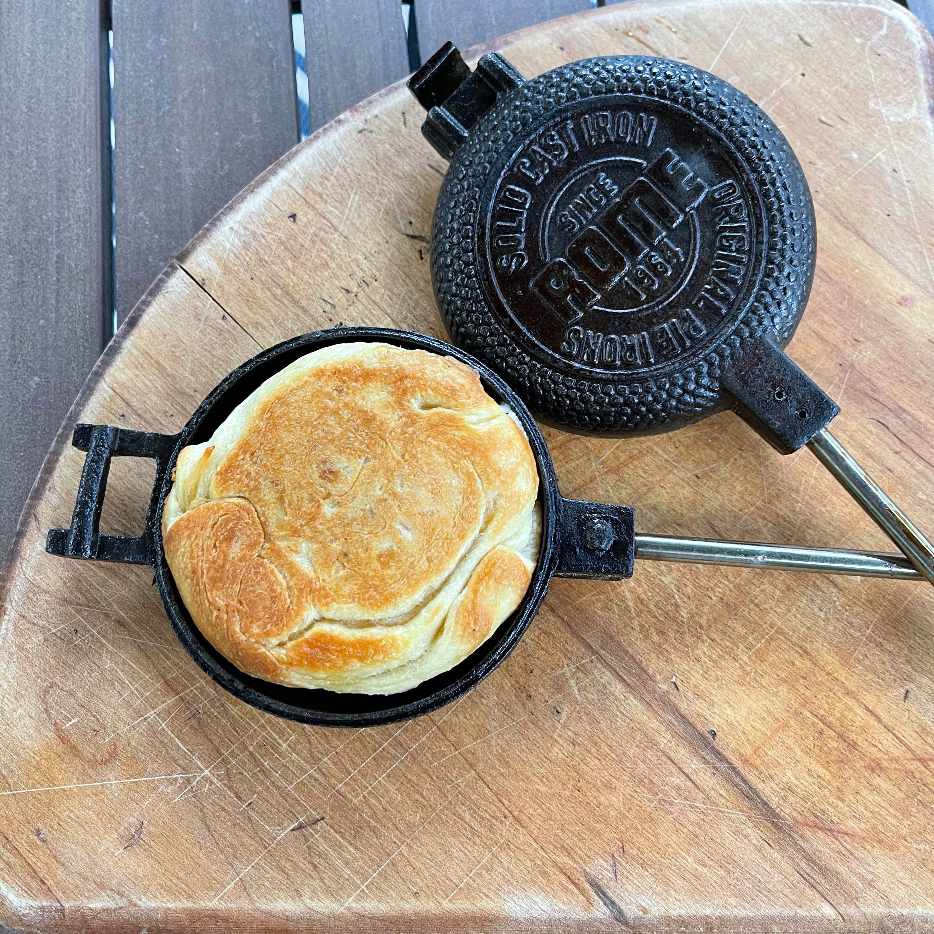 Round Pie Iron in use open on table