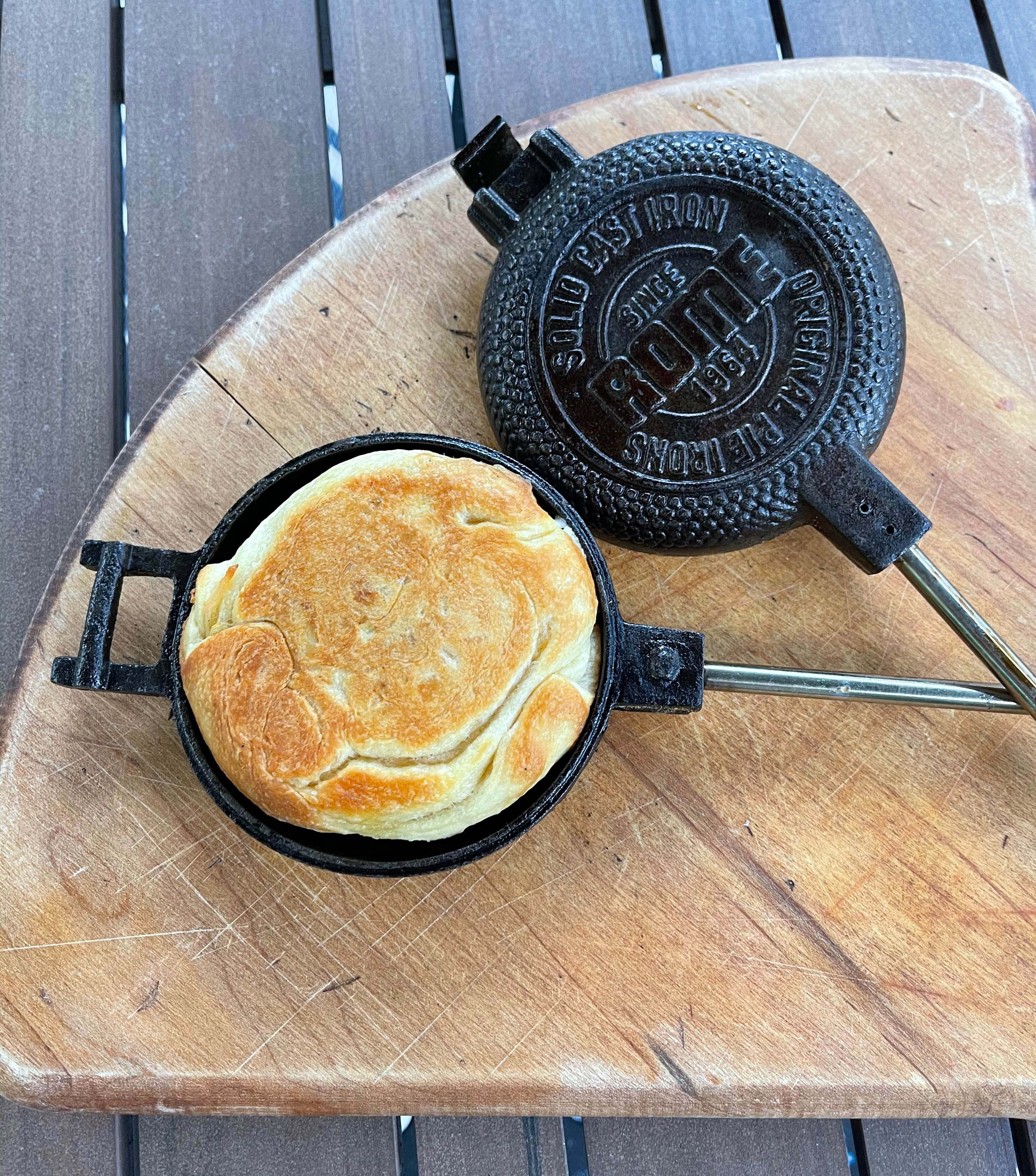 Round Pie Iron in use open on table