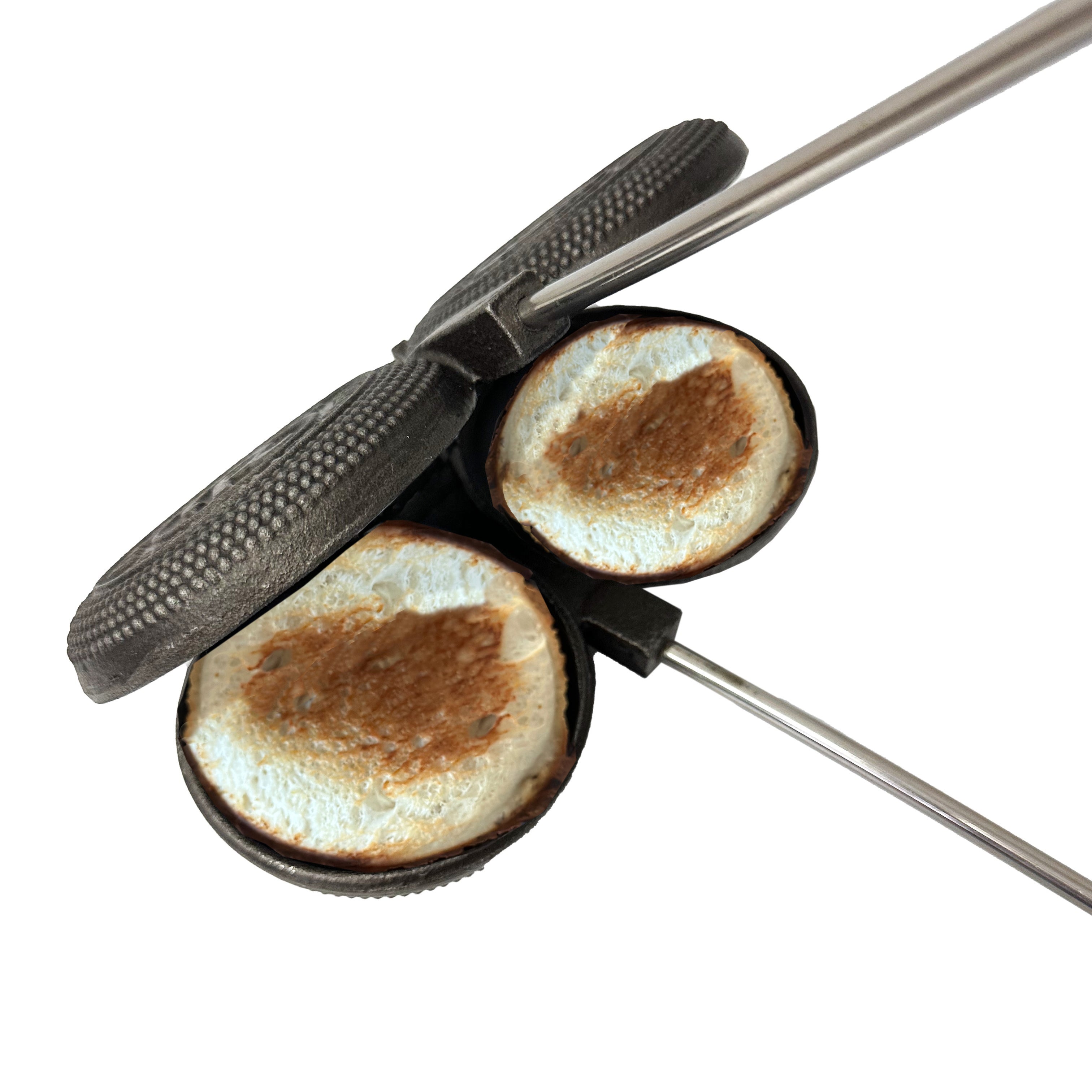 Double Round Pie Iron open with food