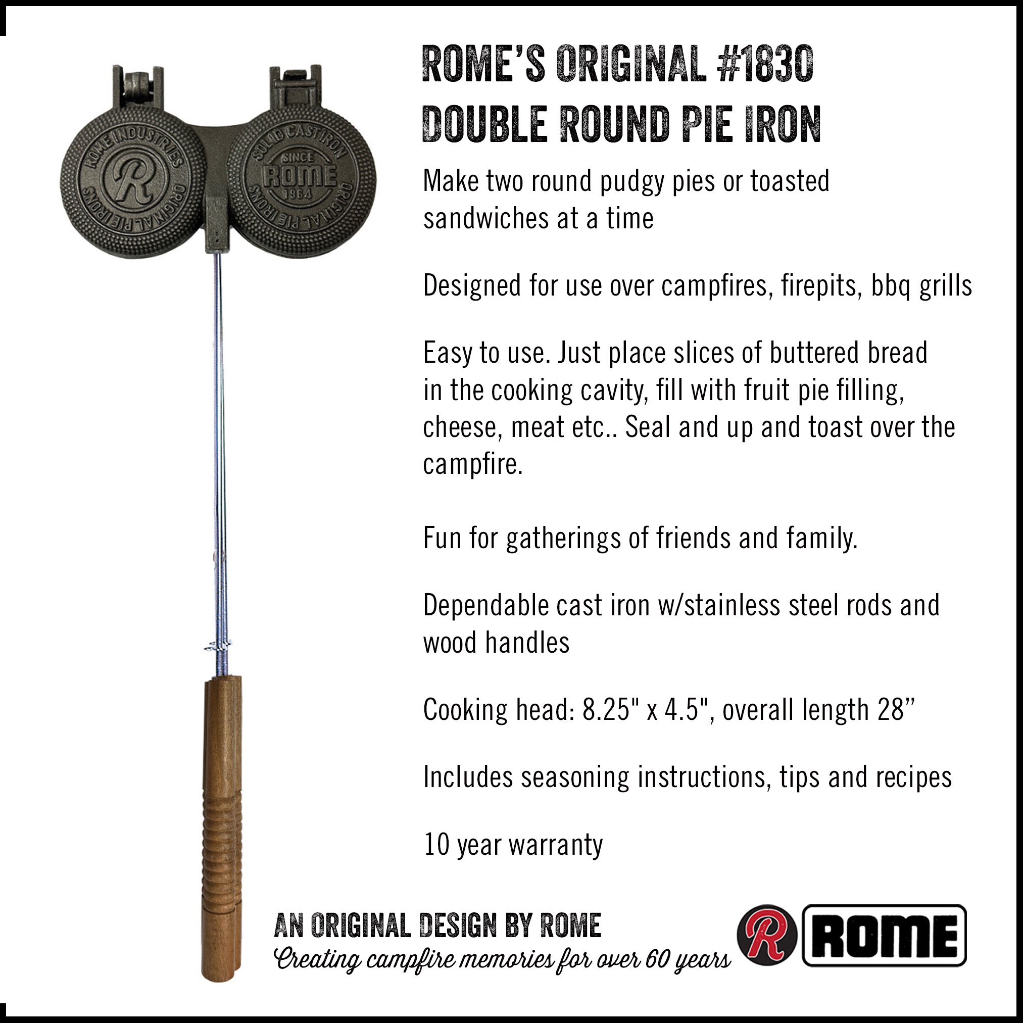 Double Round Pie Iron full view with text