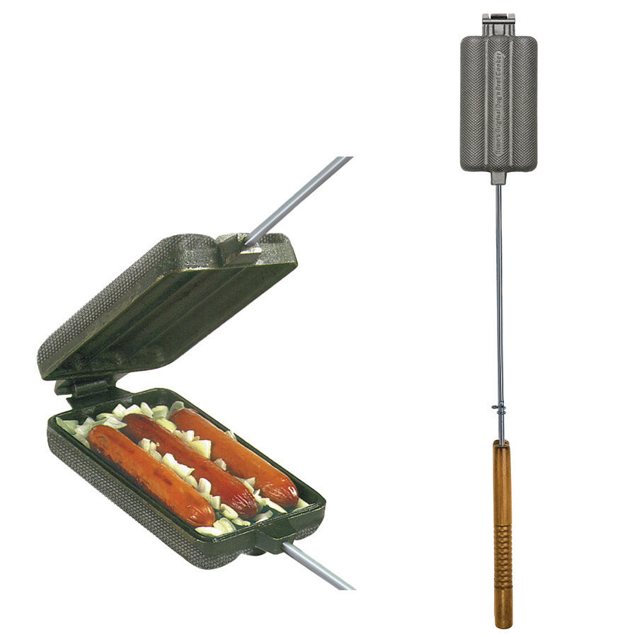 Dog N Brat Cooker full view and close up with cooked brats and onions white background