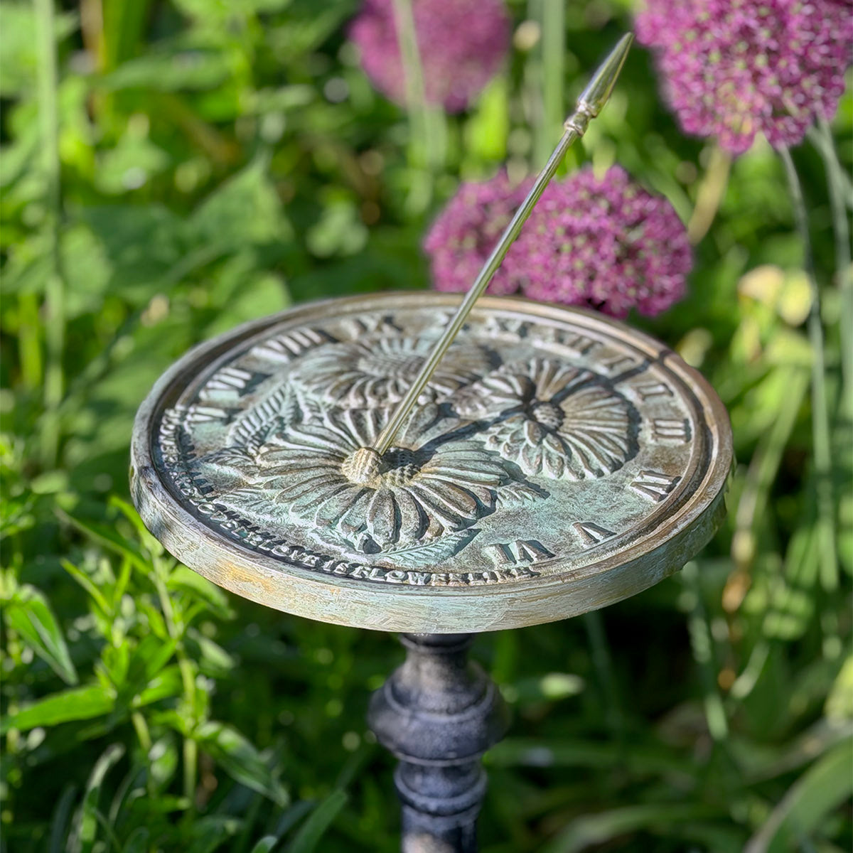 Solid Brass Flowers Sundial on pedestal top view