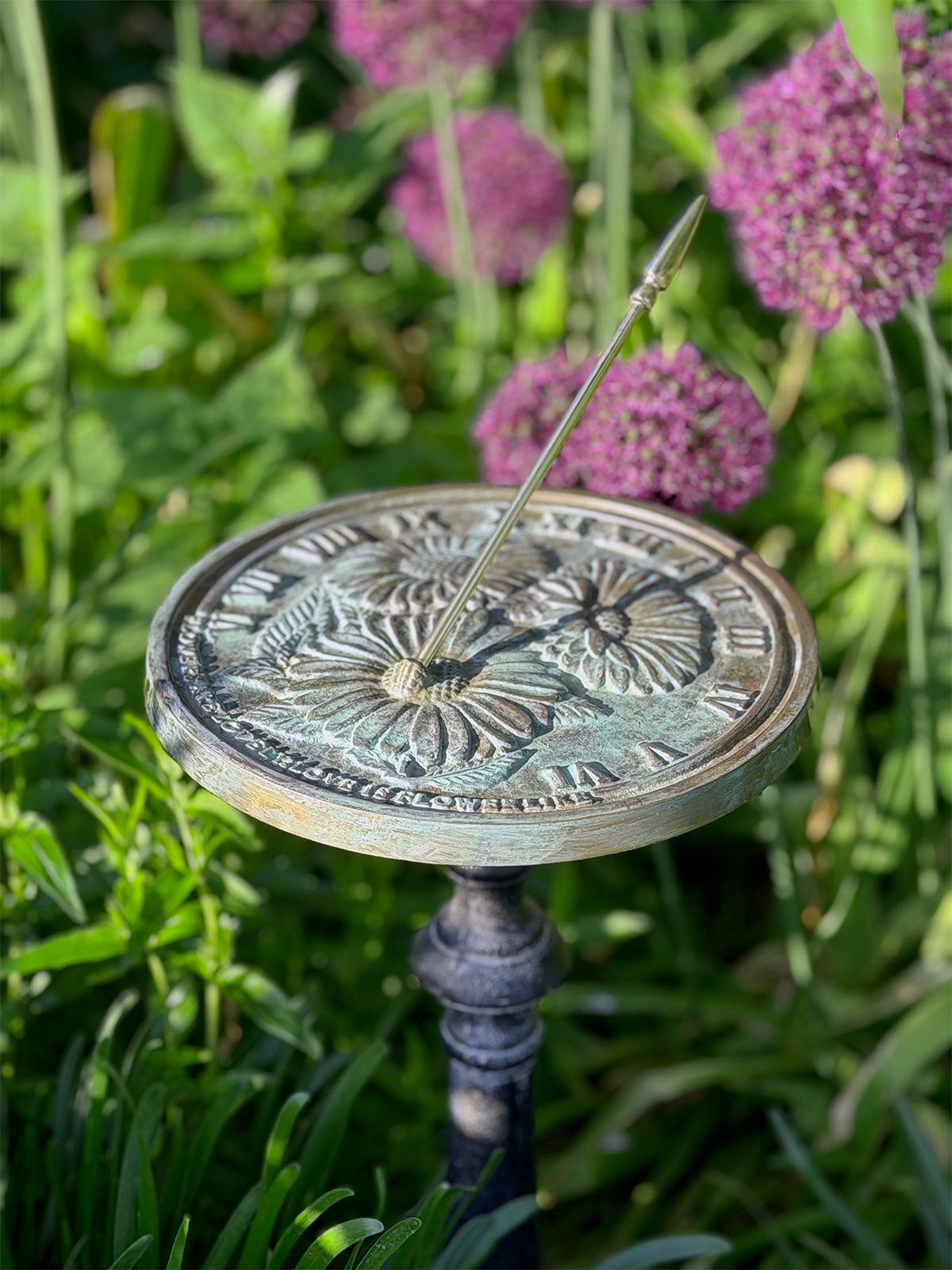 Solid Brass Flowers Sundial on pedestal top view