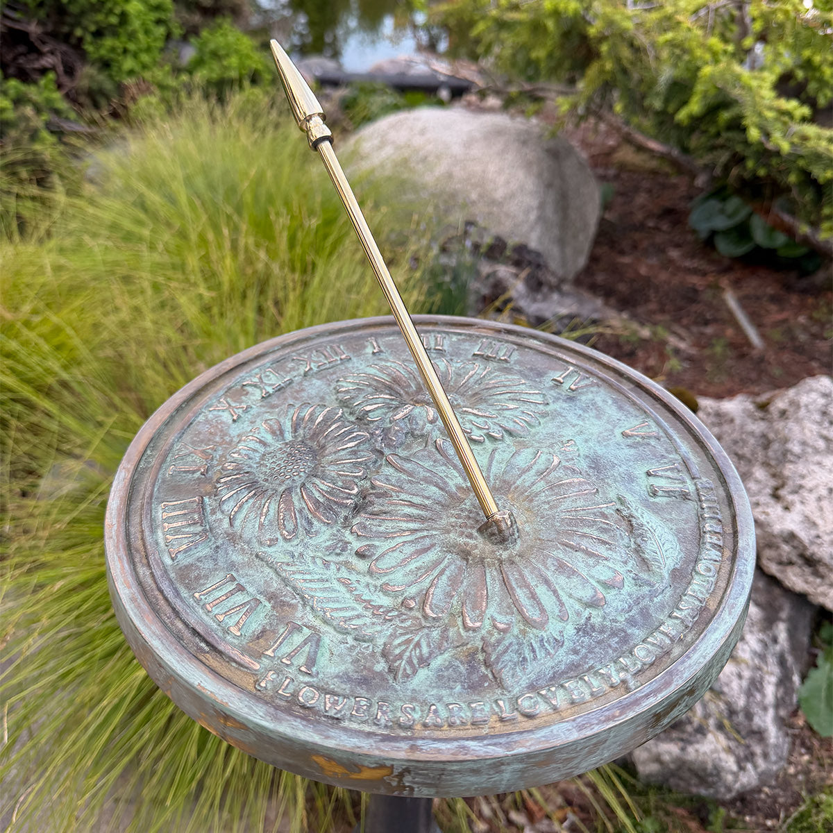 Solid Brass Flowers Sundial on pedestal close up