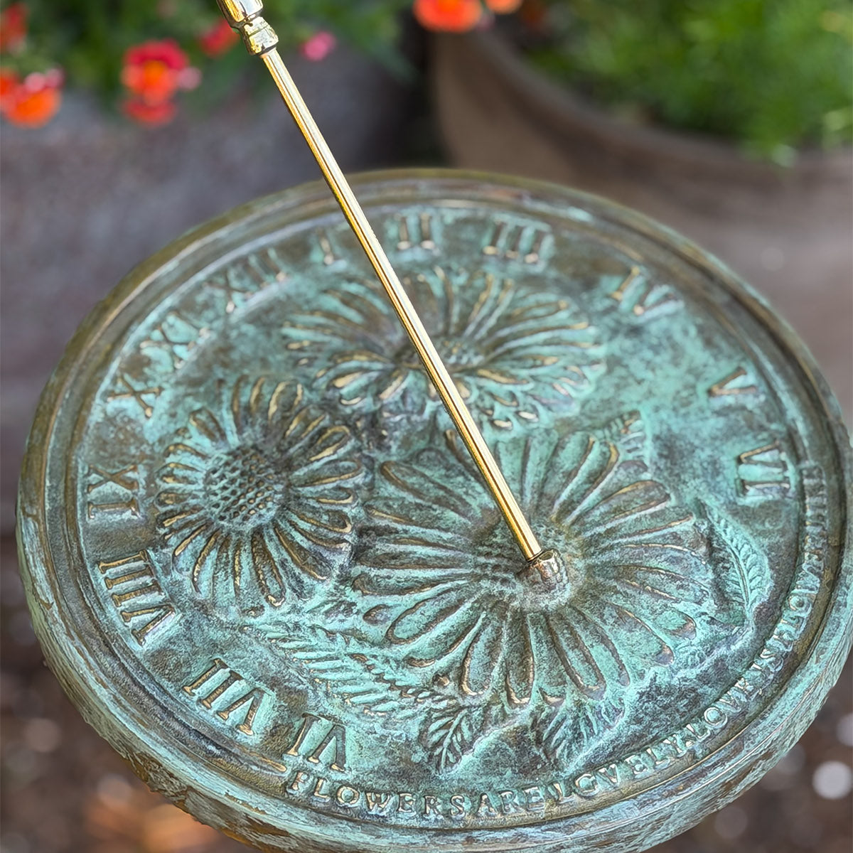 Solid Brass Flowers Sundial in garden top view