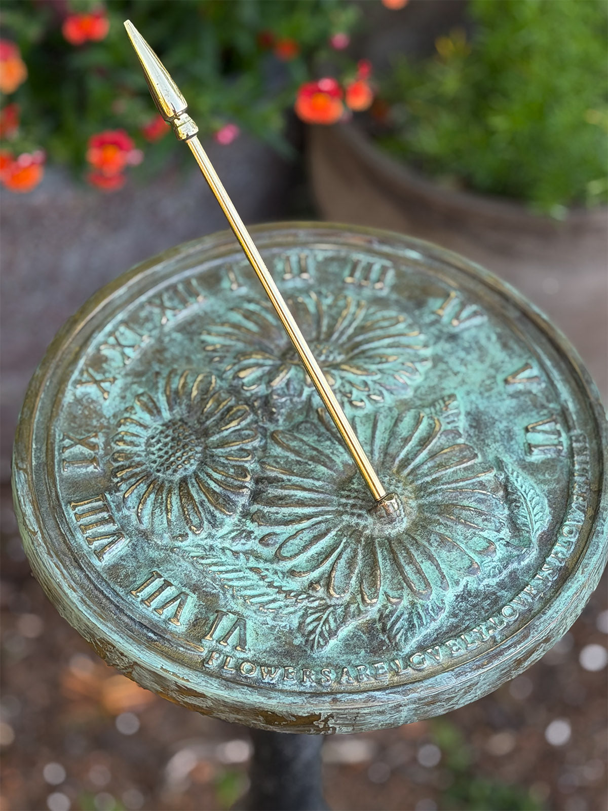 Solid Brass Flowers Sundial in garden top view