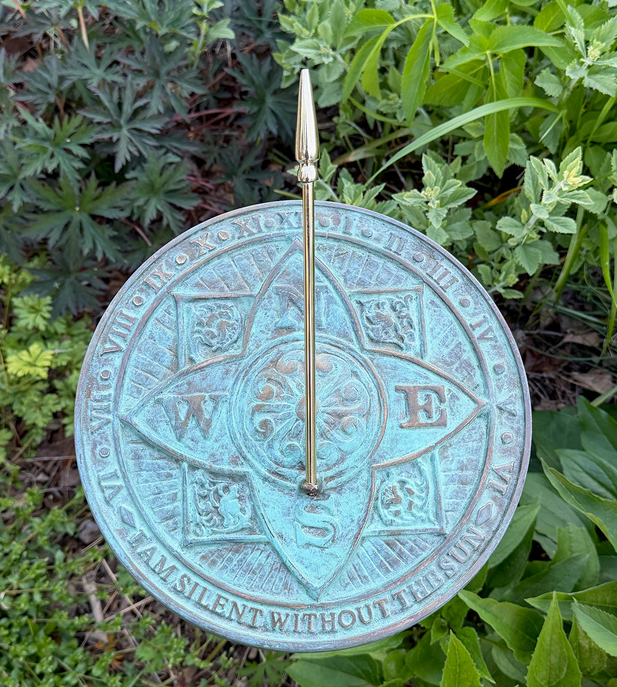Solid Brass Rosette Sundial in garden top view b