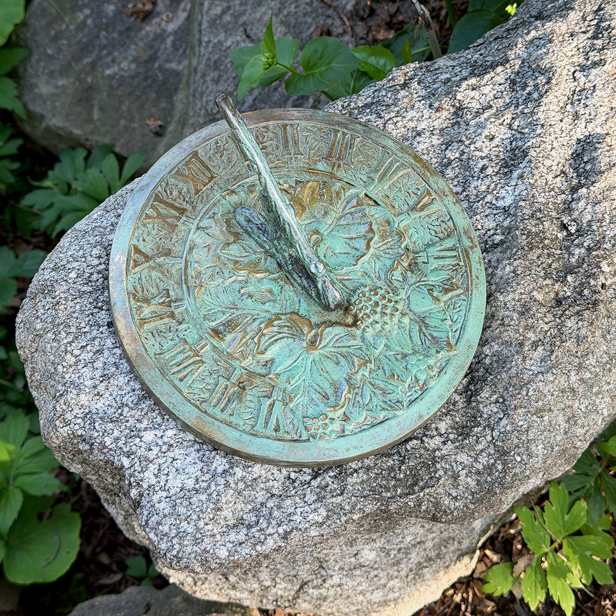 Solid Brass Grapevine Sundial in garden top view
