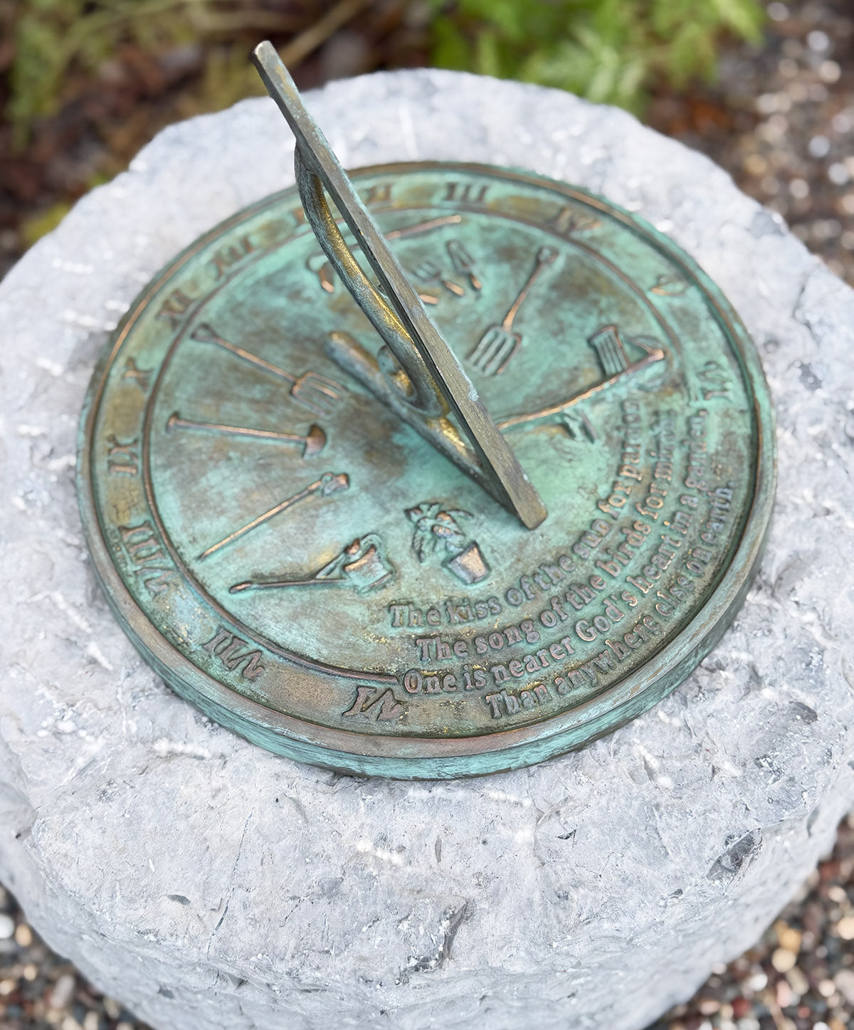 Solid Brass Kiss Of The Sun Sundial in garden top view c