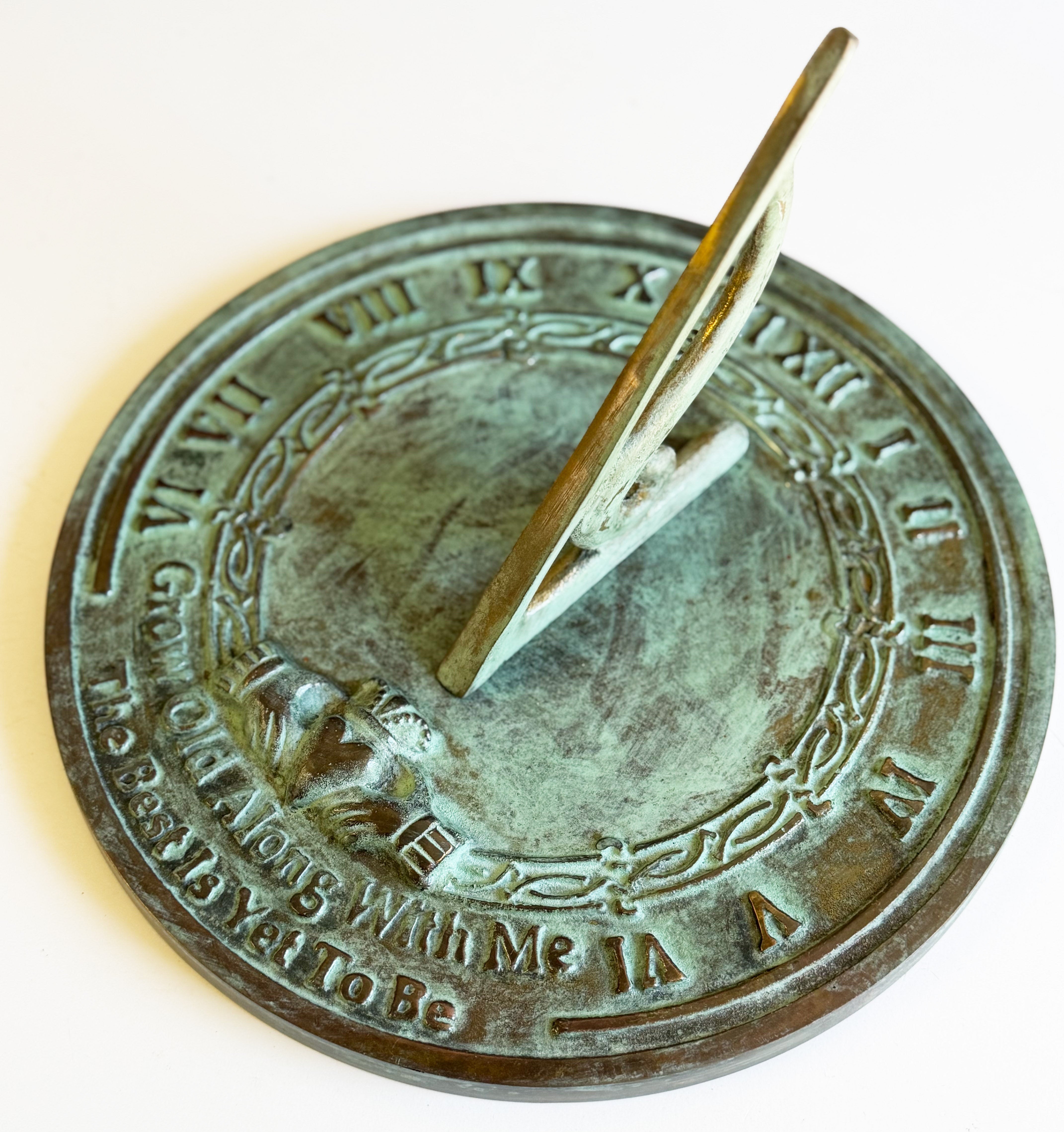 Solid Brass Grow Old With Me Sundial white background e