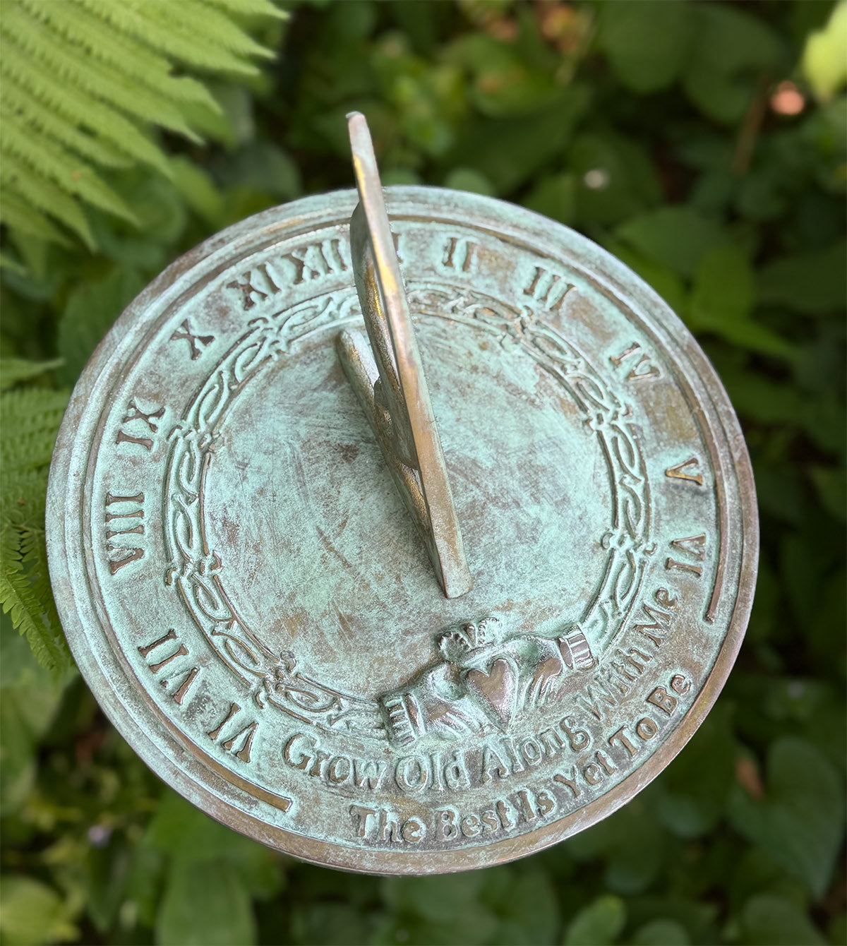 Solid Brass Grow Old With Me Sundial in garden top view