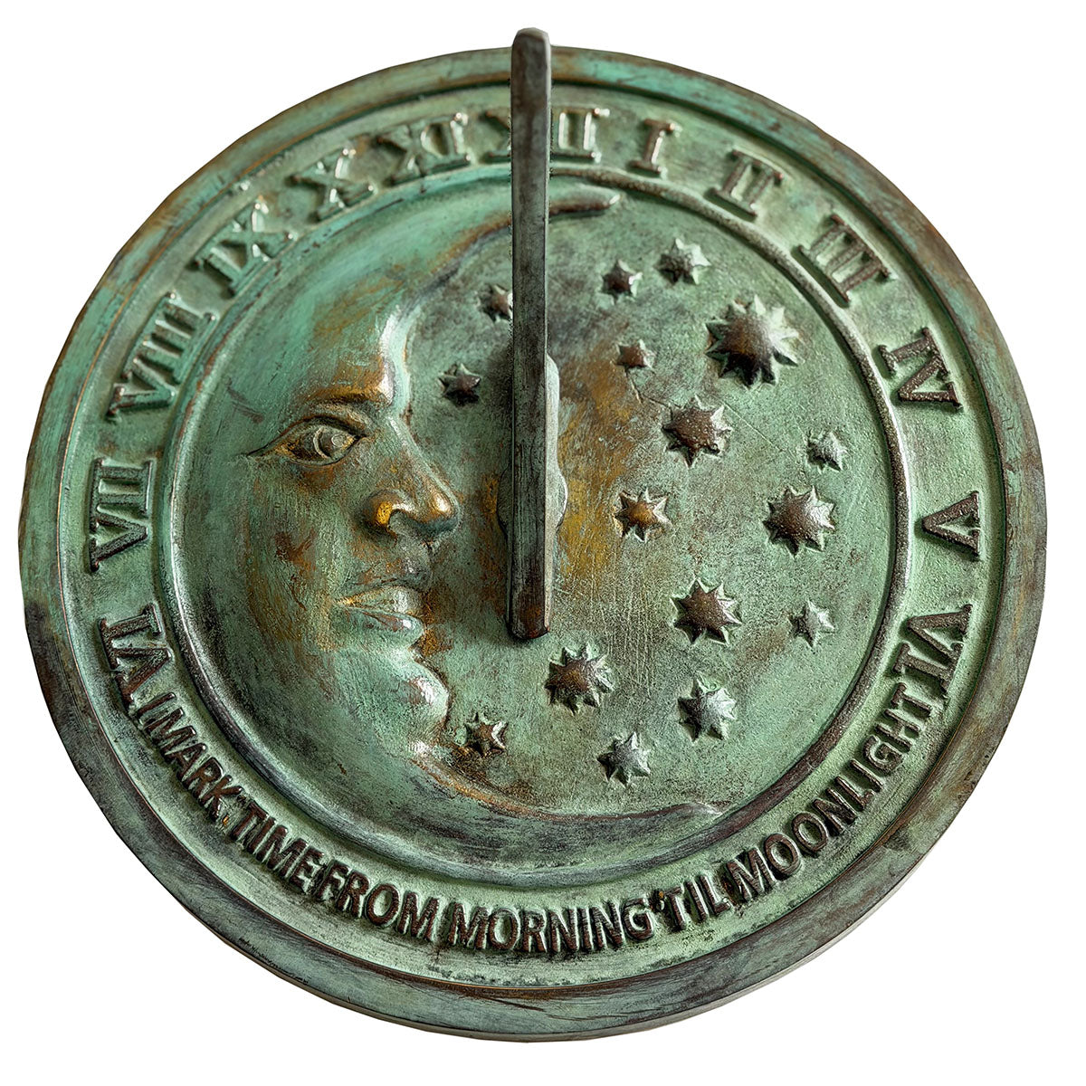 Solid Brass Moon & Stars Sundial top view white background