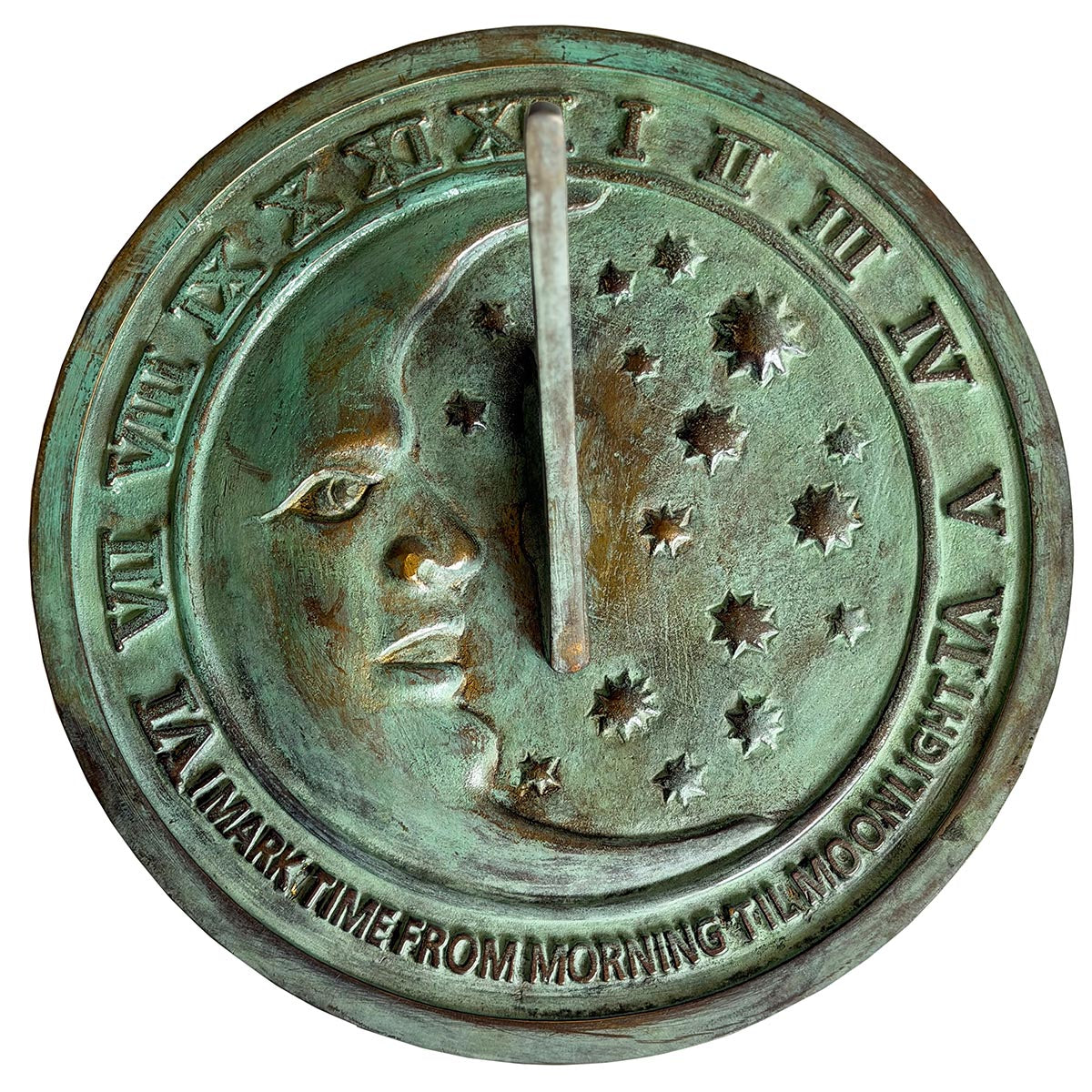 Solid Brass Moon & Stars Sundial top view white background b