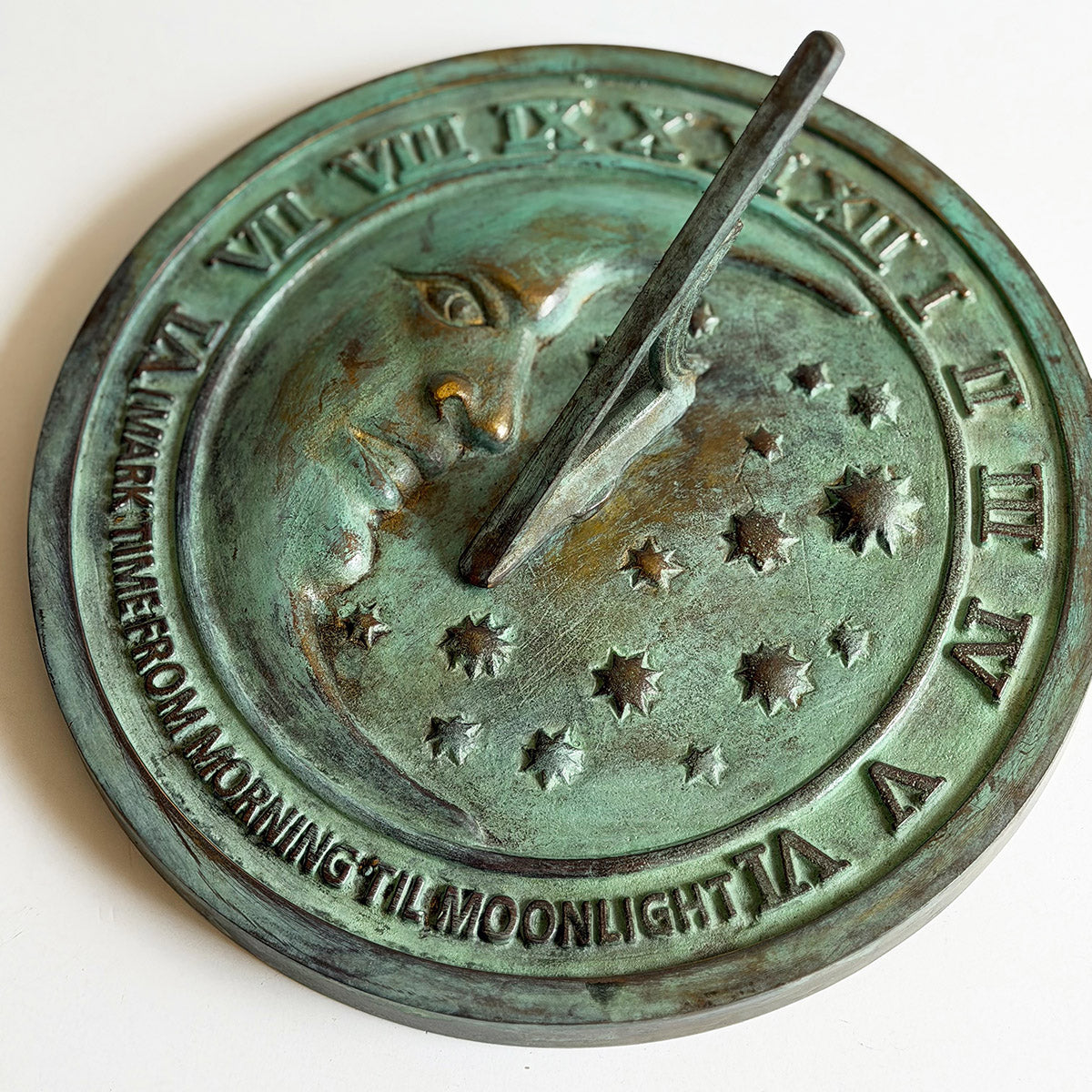 Solid Brass Moon & Stars Sundial full view white background c