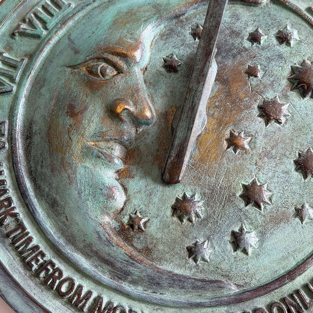 Solid Brass Moon & Stars Sundial close up