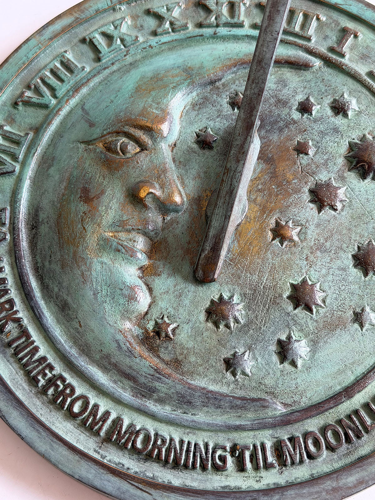 Solid Brass Moon & Stars Sundial close up
