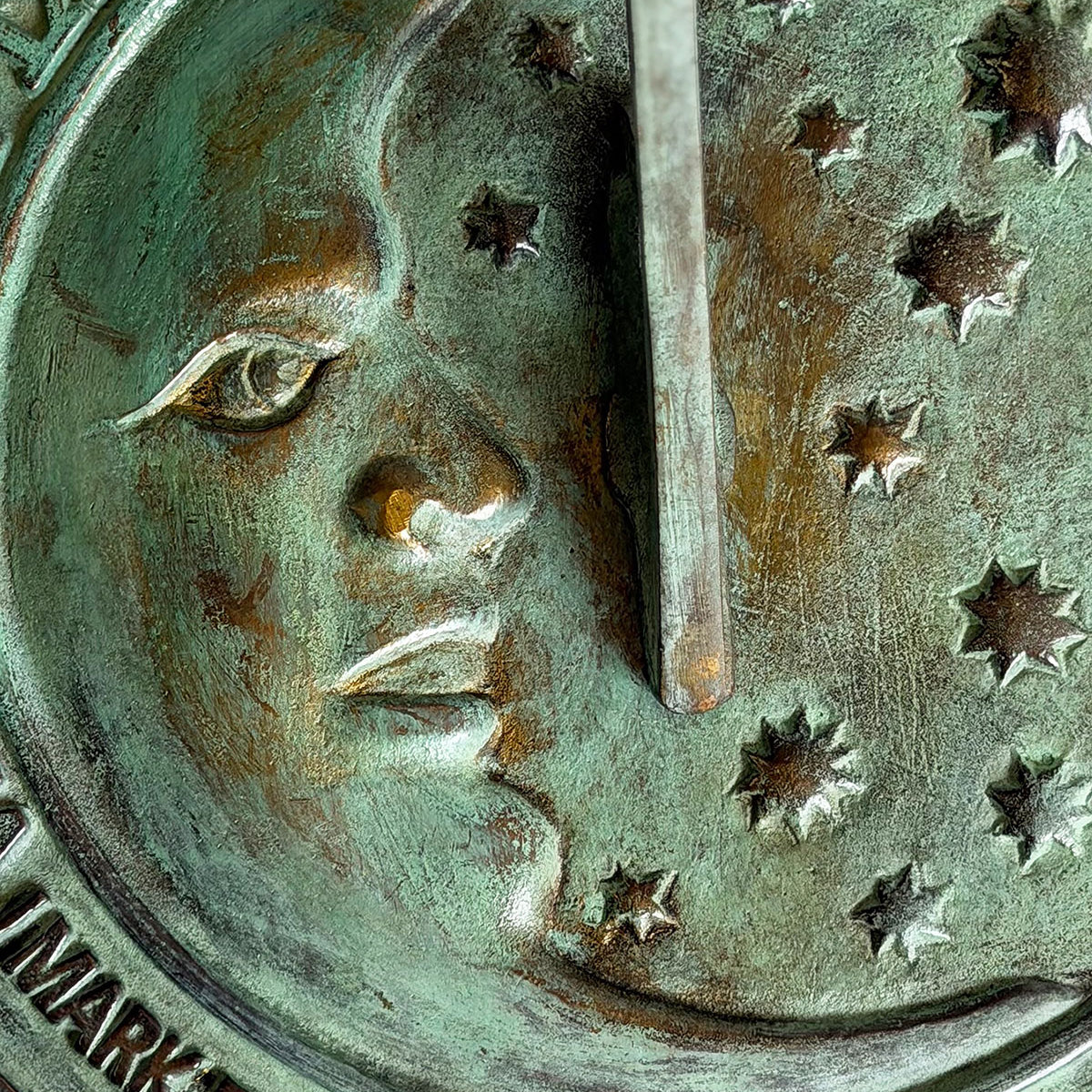 Solid Brass Moon & Stars Sundial close up b