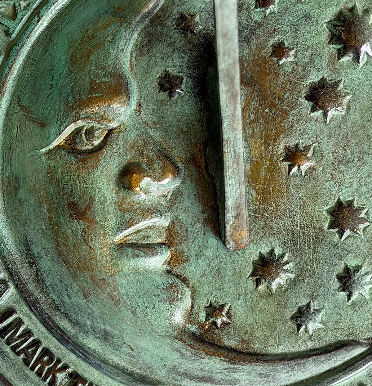 Solid Brass Moon & Stars Sundial close up b