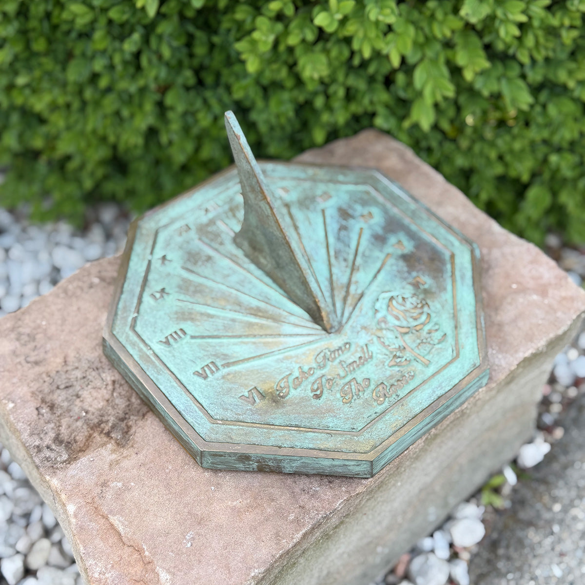 Solid Brass Rose Sundial in garden b