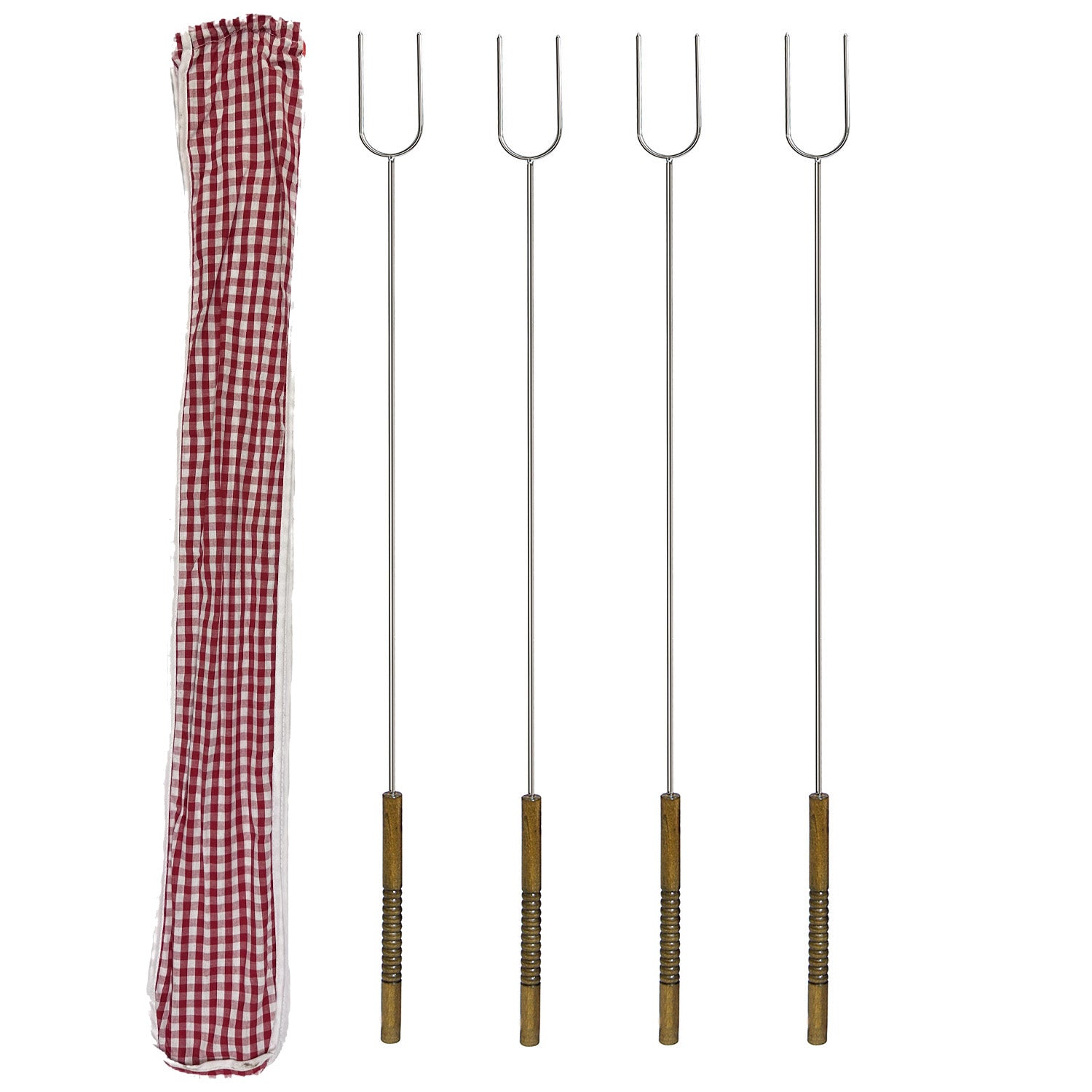 Set Of 4 Hot Dog Roasting Forks With Gingham Storage Bag, Rome Industries #3400-S