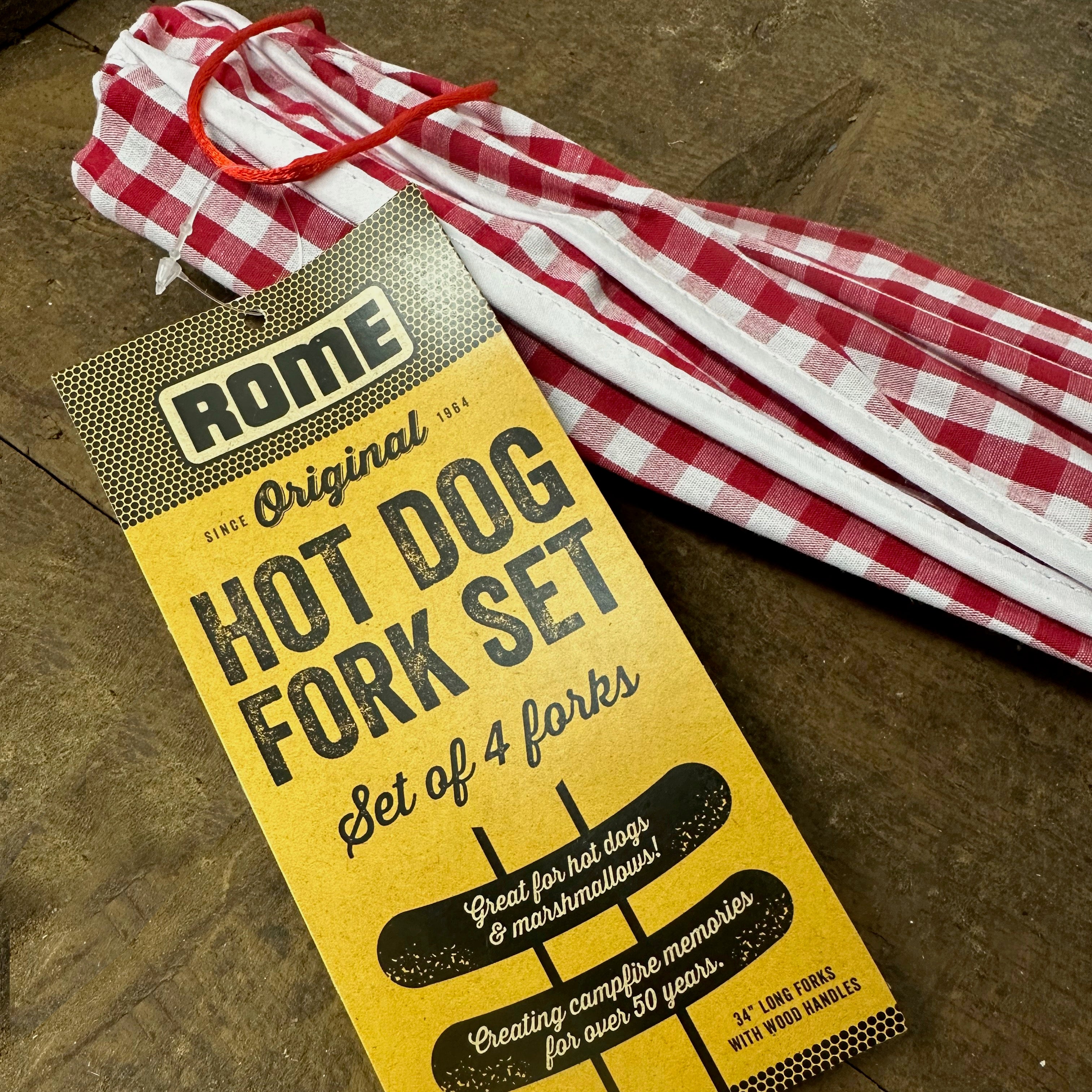 Set Of 4 Hot Dog Roasting Forks With Gingham Storage Bag, Rome Industries #3400-S