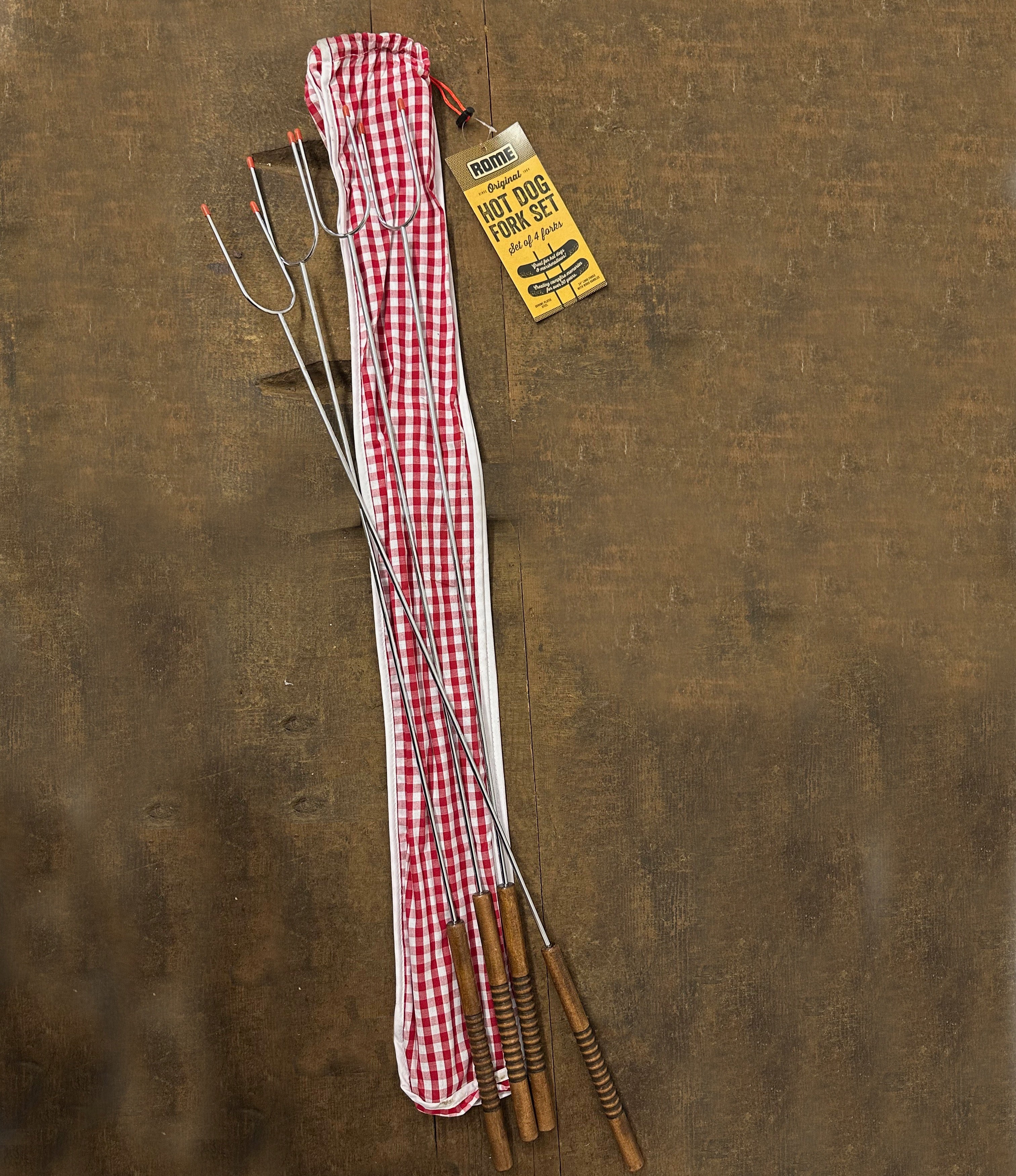 Set Of 4 Hot Dog Roasting Forks With Gingham Storage Bag, Rome Industries #3400-S