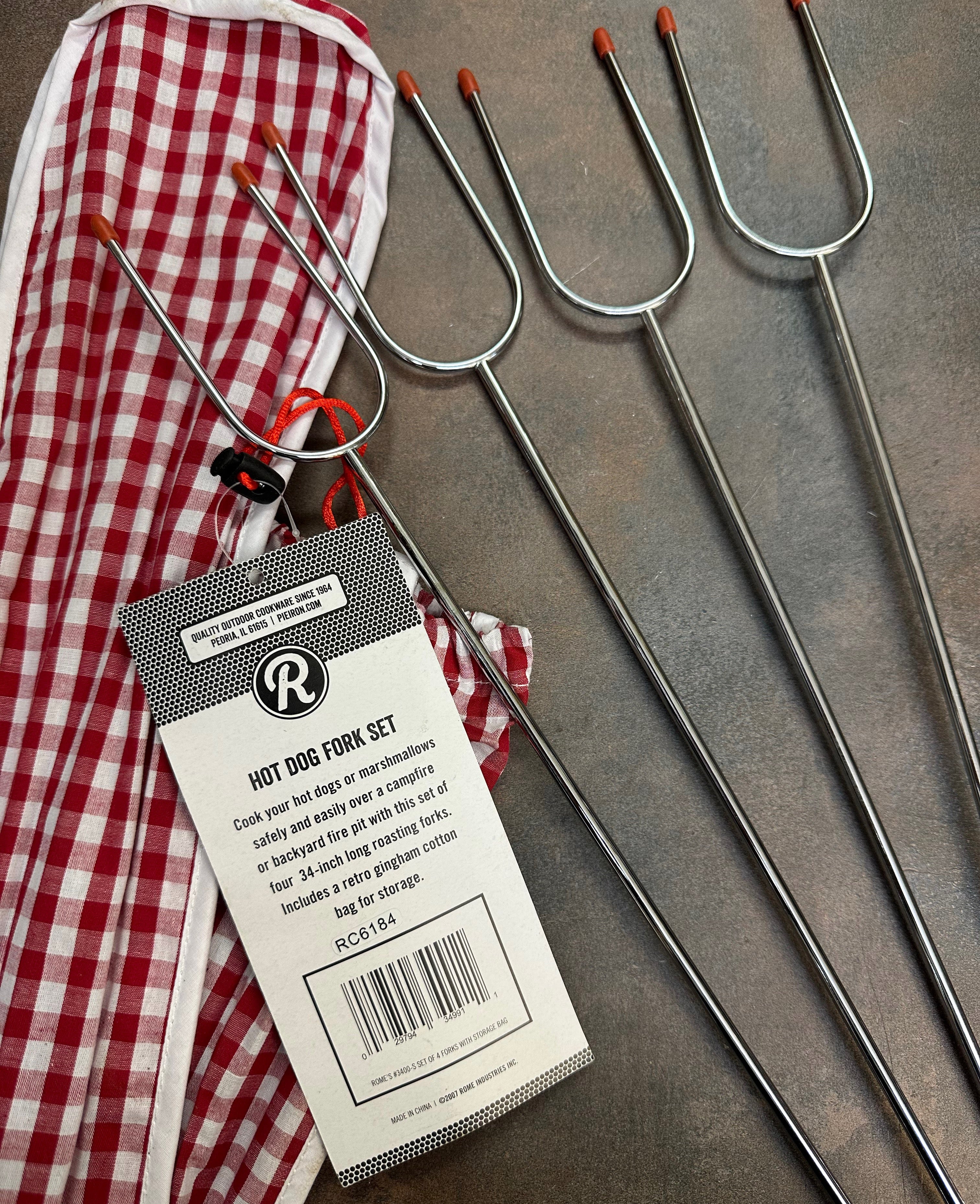 Set Of 4 Hot Dog Roasting Forks With Gingham Storage Bag, Rome Industries #3400-S
