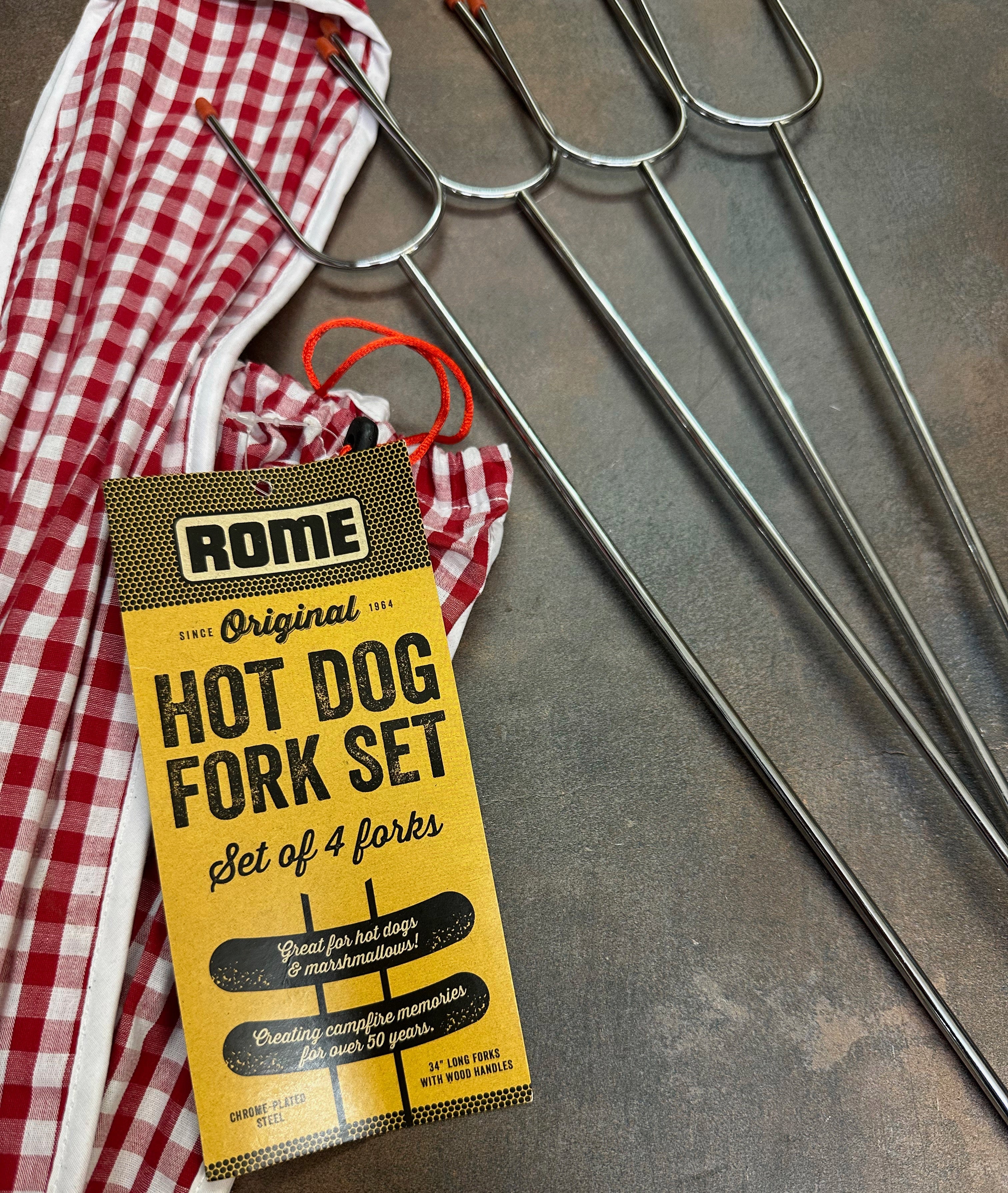 Set Of 4 Hot Dog Roasting Forks With Gingham Storage Bag, Rome Industries #3400-S